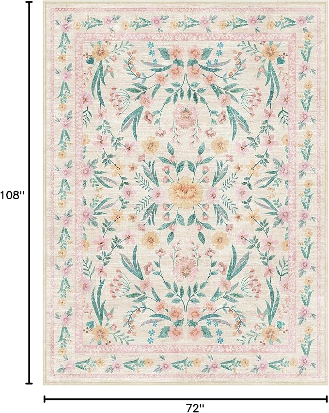 7x9 Pink Boho Floral Area Rug – Washable Non-Slip Soft Carpet - Image 2