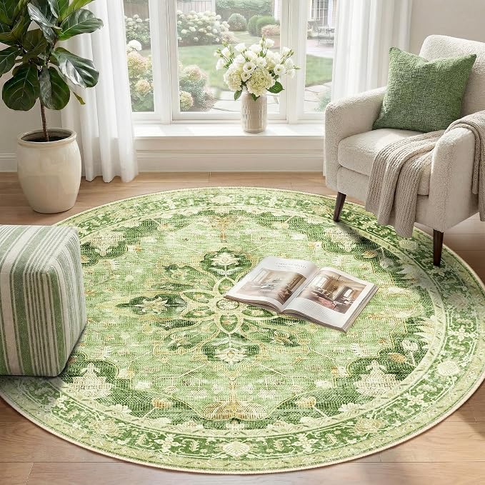 RELEANY Area Rugs Round 4ft Washable Non-Slip, Floral Vintage Distress - Image 2