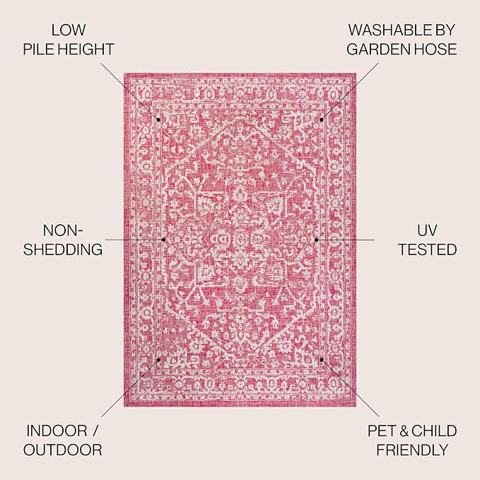 JONATHAN Y Boho Medallion Indoor Outdoor Area Rug 5X8 Fuchsia/Light Gray - Image 3