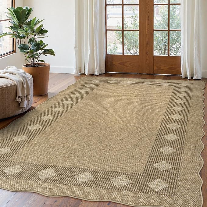 LIVEBOX Easy Jute Diamond Rug for Living Room, Scalloped Washable 5x7 Tan Rug by LIVEBOX