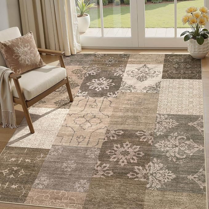 UERMEI 5x7 Area Rug for Living Room, Washable Brown Modern Geometric Patchwork by UERMEI