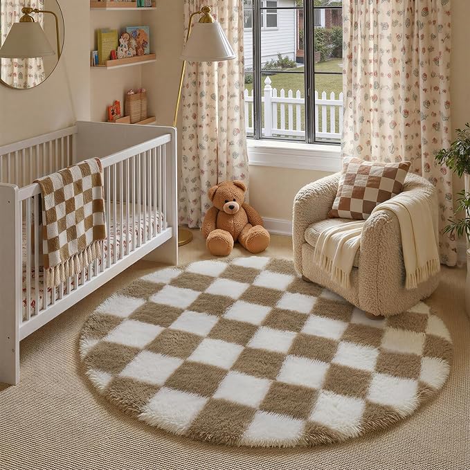 PureCozy 6x6 Round Rugs for Living Room Brown Soft Shag Checkered Large Rug by PureCozy