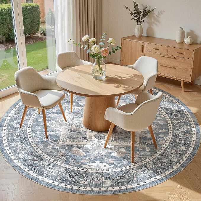 5ft Round Area Rug: Washable Vintage Neutral Soft Non Slip Thin Large Floor - Image 3