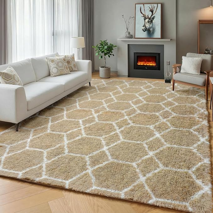 ONASAR 5x7 Area Rugs for Living Room Bedroom, Fluffy Beige and White Shag Rug by ONASAR