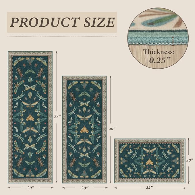 JTJ Botanical Insect Kitchen Rug Set of 3, Washable and Non-Slip Low Pile Floor - Image 2