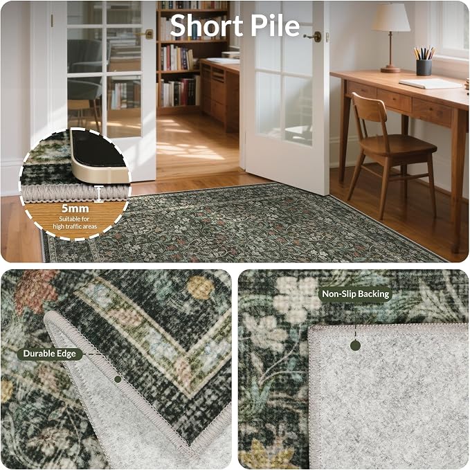 GENIMO 5x7 Washable Area Rug, Non-Slip Vintage Boho Floral Carpet, Soft - Image 6