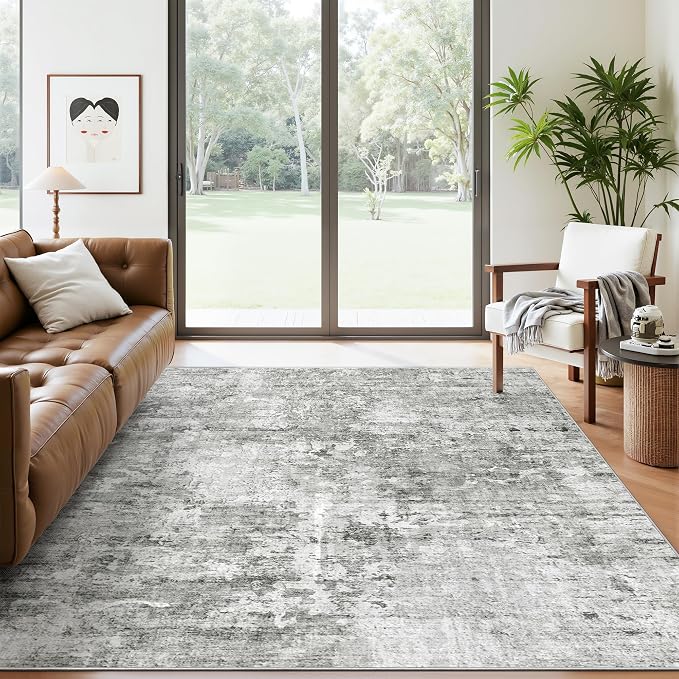 Soalmost Abstract Rug 5x7 Machine Washable Area Indoor Grey White Low Pile - Image 2