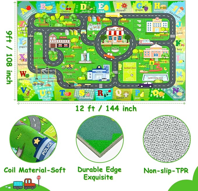 Chicrug 9x12 Car Road Area Rug for Kids Playroom Bedroom, Non Slip Low Pile - Image 3