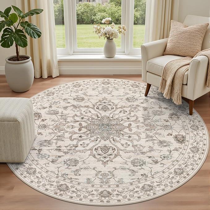 Round Area Rug for Living Room: 6ft Washable Vintage Boho Soft Thin Circle Rug - Image 2
