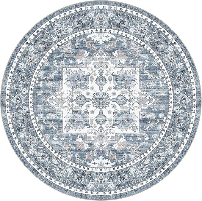 8ft Round Area Rug: Washable Vintage Neutral Soft Non Slip Thin Large Floor - Image 9