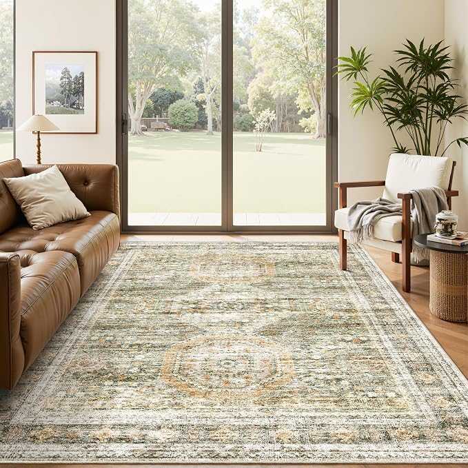 Soalmost 5x7 Area Rugs Green Orange Low Pile Indoor Washable Trendy Faded Style by Soalmost