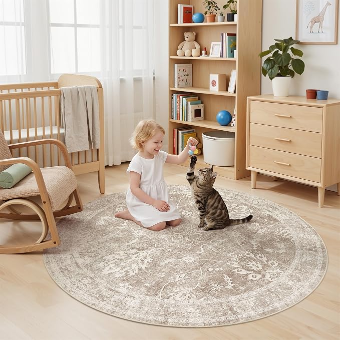 Madane Washable Round Rug 6ft for Living Room, Soft Ultra-Thin Non-Slip Vintage - Image 3