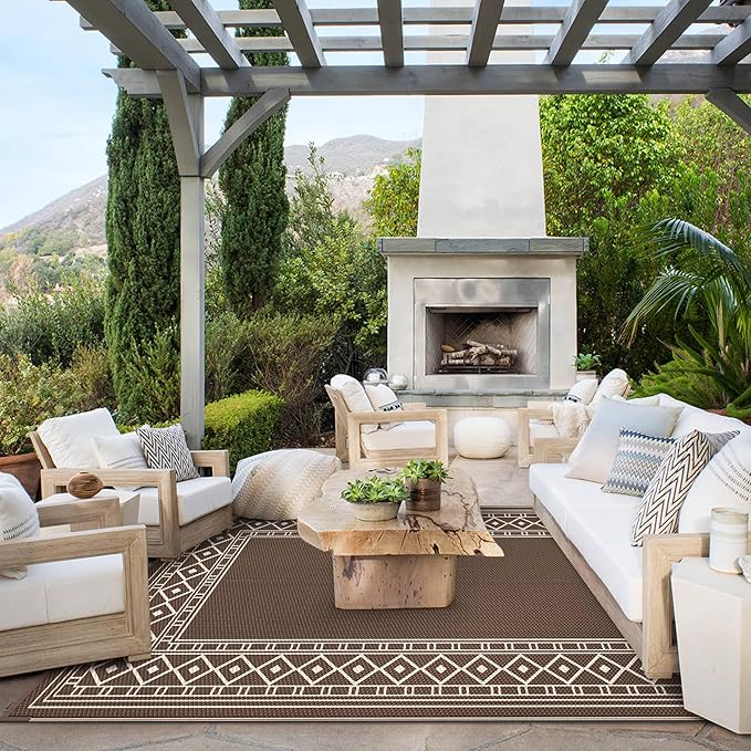 GENIMO Outdoor Rug Waterproof for Patio, Outside Area Mat for Rv, Coffee & Beige - Image 2