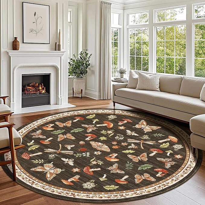 Mushroom Insect 6ft Round Rug Washable Non-Slip Soft Ultra-Thin Boho Circle by ROYHOME