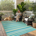 Outdoor Plastic Straw Rug Waterproof Patio 6x9 Teal Yellow Stripe Mat by WondRg