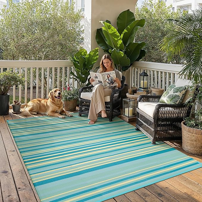Outdoor Plastic Straw Rug Waterproof Patio 5x8 Teal Yellow Stripe Mat by WondRg