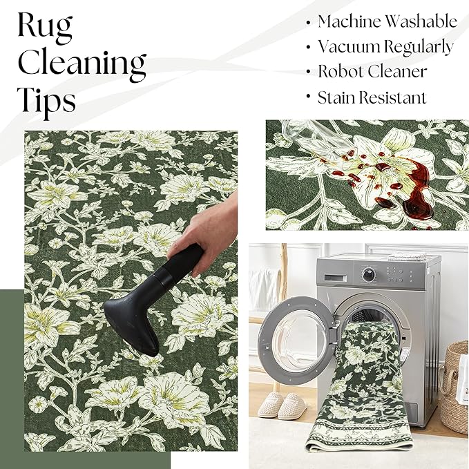 Olive Green Floral Print Area Rugs - Image 5