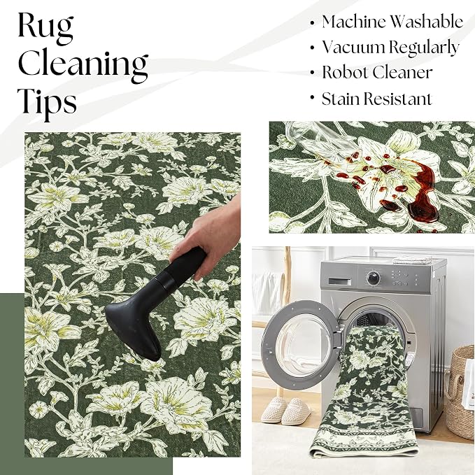 Olive Green Area Rugs 6x9 Living Room Washable Boho Vintage Sketch Floral Cream - Image 5