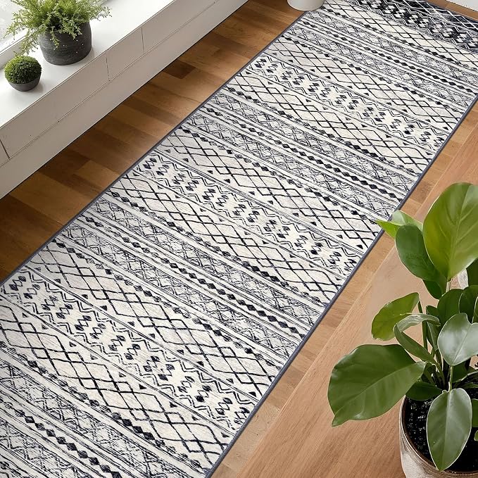 KUTA Moroccan Washable Runner Rug 2.6x18 Non-Slip Vintage Black Navy Blue Boho - Image 4