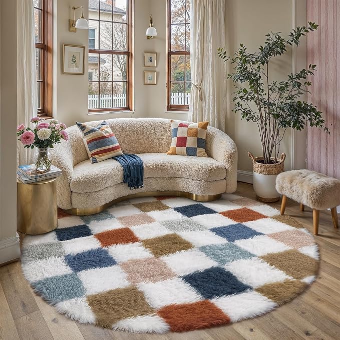PureCozy Checkered Rug 6x6 for Living Room, Modern Rainbow Shag Super Soft by PureCozy