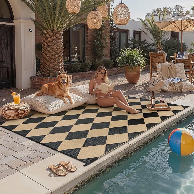 Outdoor Plastic Checkered Rug Waterproof Patio 8x10 Black Brown Diamond - Image 2