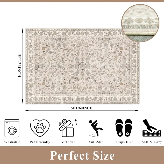 3x5 Kitchen Rug Washable Non-Slip, Soft Low-Pile Thin Door Mat - Image 2