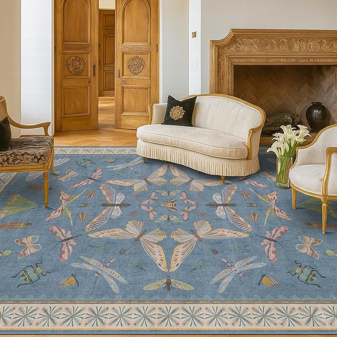 Washable 7x9 Area Rug for Living Room, Dusty Blue Modern Boho Carpet for by HazoHaus