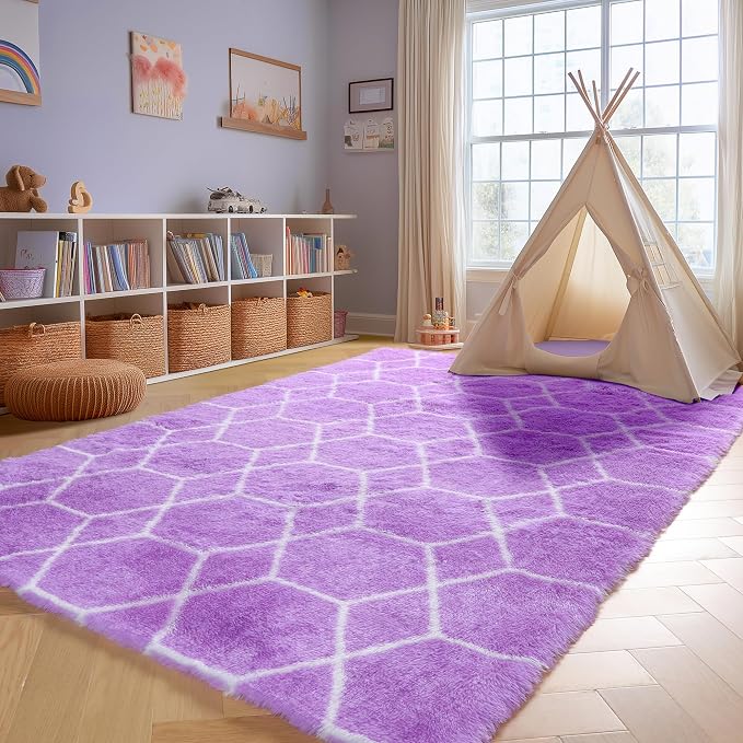 ONASAR Area Rugs for Bedroom Living Room, 4x6 Fluffy Purple and White Throw Rug - Image 9