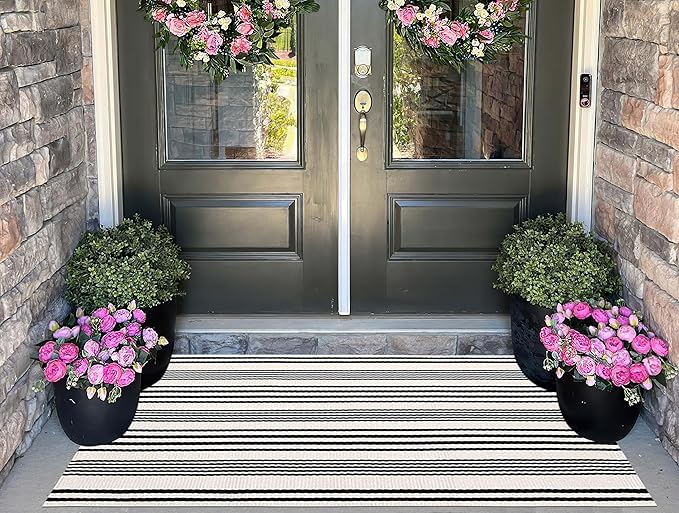 Black and White Striped Outdoor Rug 24'' x 51''Farmhouse Front Porch Rug - Image 7