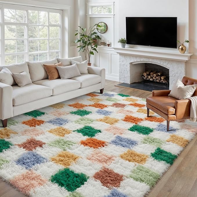 PureCozy Checkered Rug 8x10 for Living Room, Modern Neutral Shag Rug Washable - Image 4