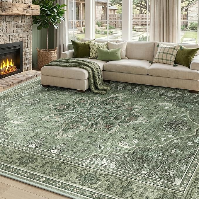 RELEANY Area Rugs 8'x10' Washable Non-Slip, Floral Vintage Distress Medallion by RELEANY