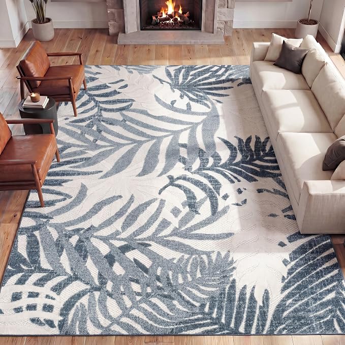JONATHAN Y Tropics Palm Leaves Indoor Outdoor Area Rug 3x5 Cream/Dark Blue - Image 3