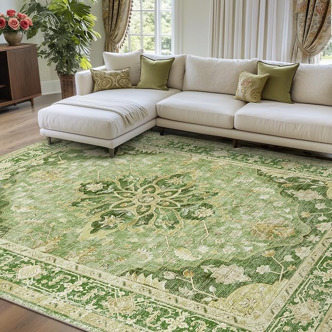 RELEANY Area Rugs 8'x10' Washable Non-Slip, Floral Vintage Distress Medallion by RELEANY