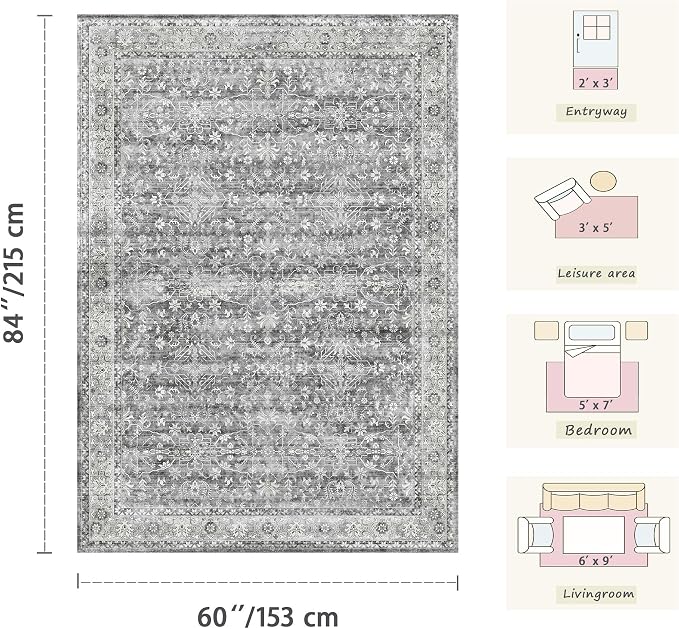 Latte&Fog Grey Area Rugs 8x10 for Bedroom, Washeble Vintage Rugs for Living Room - Image 2