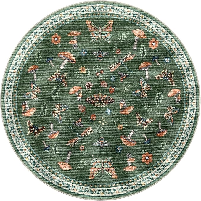 Mushroom Insect 7ft Round Rug Washable Non-Slip Soft Ultra-Thin Large Boho - Image 4