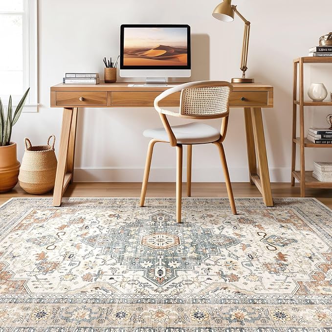 8x10 Area Rugs Living Room: Washable Boho Large Neutral Vintage Soft Rug Stain - Image 7