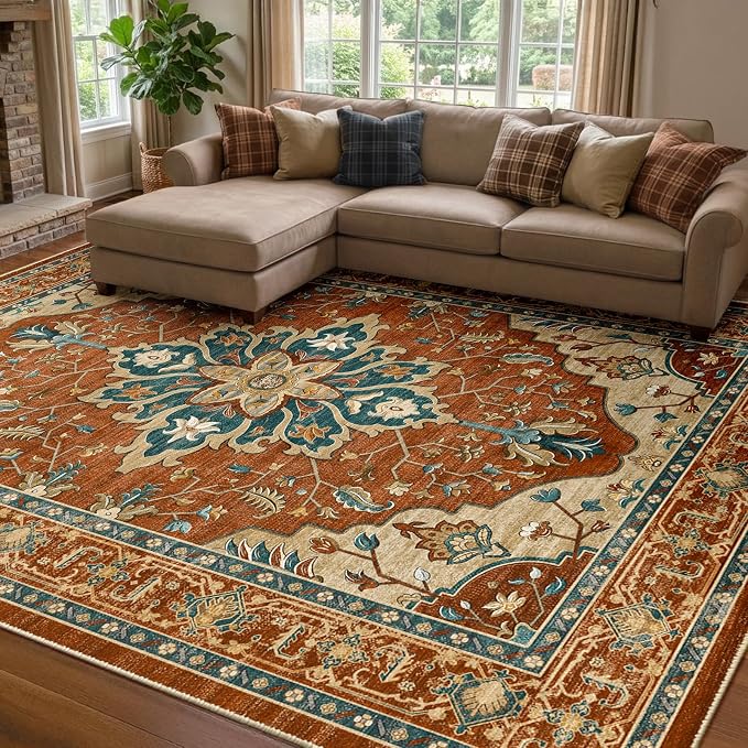 RELEANY Area Rugs 7'x9' Washable Non-Slip, Floral Vintage Distress Medallion by RELEANY