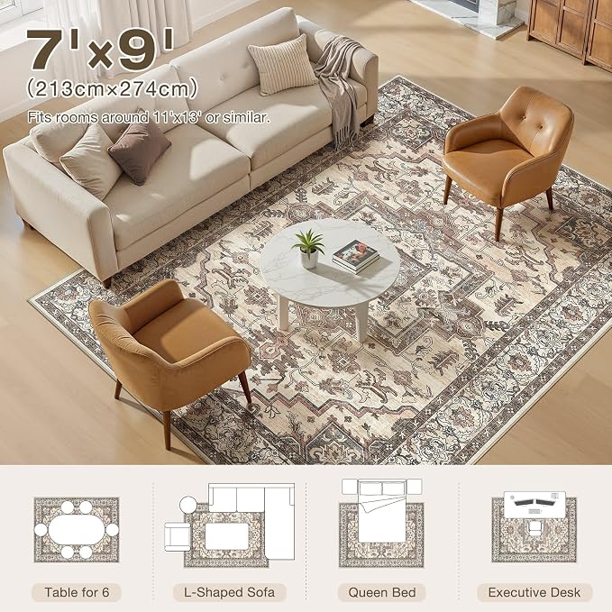 7x9 Area Rugs Living Room: Washable Vintage Rug Large Non-Slip Stain Resistant - Image 8