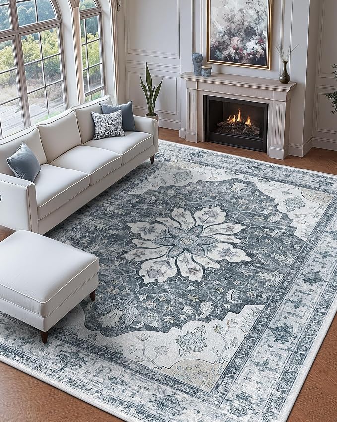 RELEANY Area Rugs Large 9'x12' Washable Non-Slip, Floral Vintage Distress - Image 2