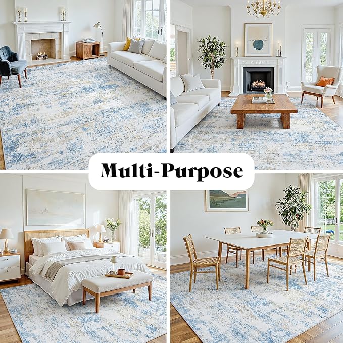 Area Rug 9x12 Living Room Rug Washable: No-Slip Abstract Soft Thin Large Blue - Image 8