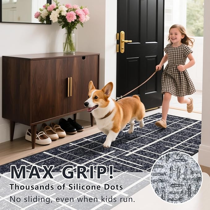 Non Slip Hallway Runner Rug 2.6x12, Modern Distressed Stripe, Washable Extra - Image 9