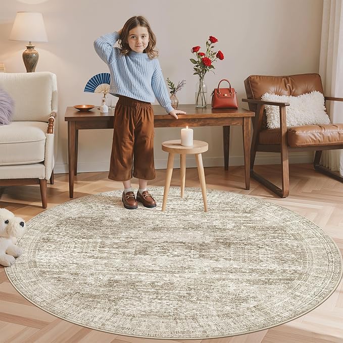 Soalmost 6x6 Brown Round Rug 6ft Living Room Circle Rug Vintage Round Area Rug - Image 2
