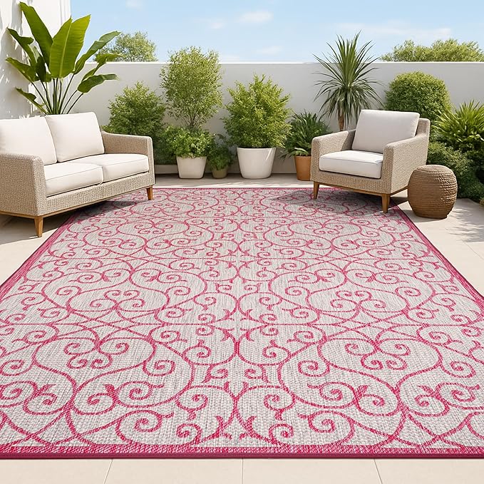 JONATHAN Y Vintage Filigree Indoor Outdoor Area Rug 8X10 Light Gray/Fuchsia by JONATHANY