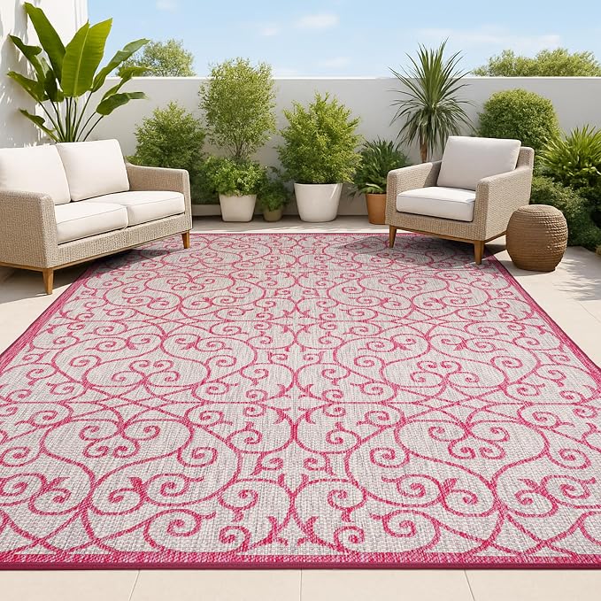 JONATHAN Y Vintage Filigree Indoor Outdoor Area Rug 9X12 Light Gray/Fuchsia by JONATHANY
