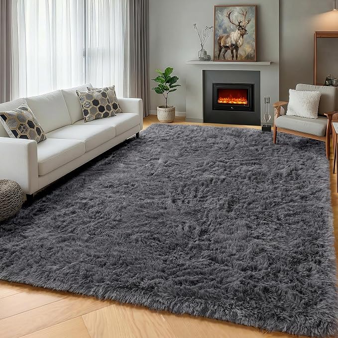 ONASAR Grey Area Rugs for Living Room, 5x8 Gray Fluffy Shag Bedroom Rug by ONASAR