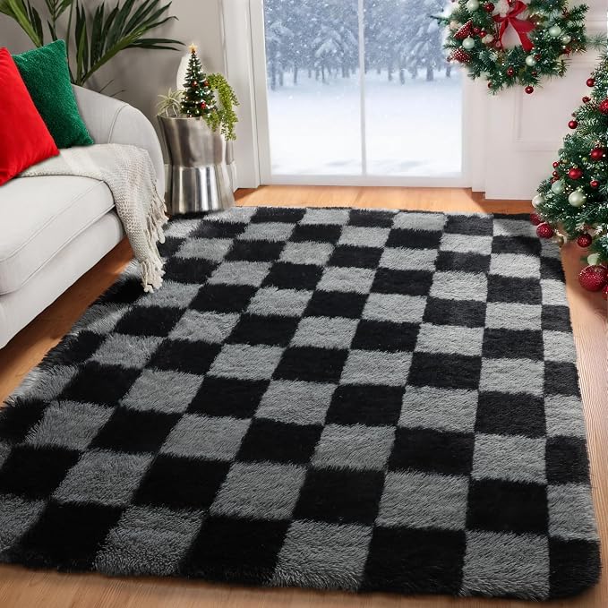 KICMOR Black and Grey Area Rug for Bedroom, 4x6 Fluffy Fuzzy Shag Checkered - Image 9