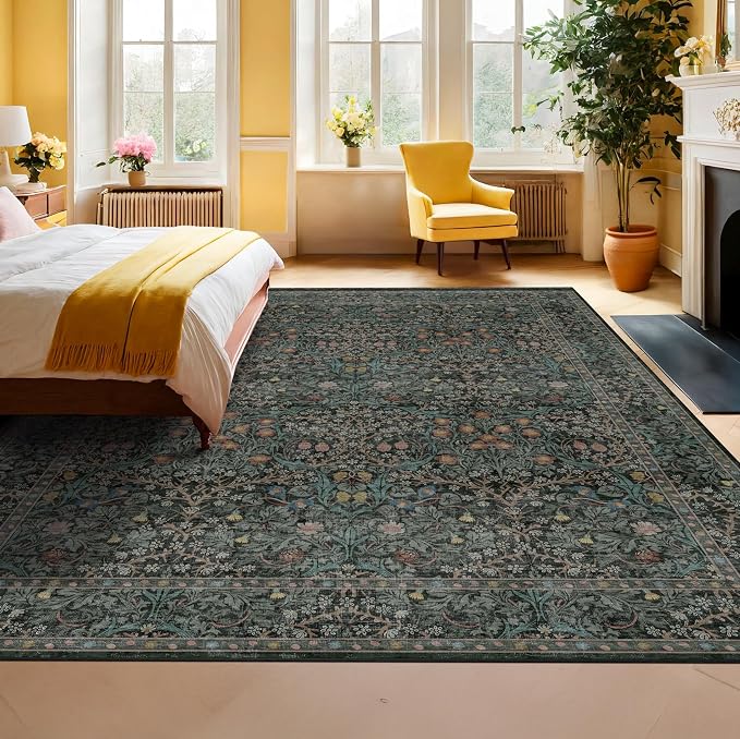 Vintage Dark Green Living Room Rug, 7x10 Washable Area Rugs - Image 6