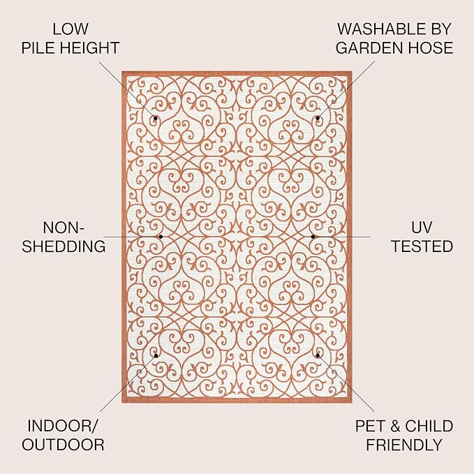 JONATHAN Y Vintage Filigree Indoor Outdoor Area Rug 8X10 Cream/Orange, Madrid - Image 2