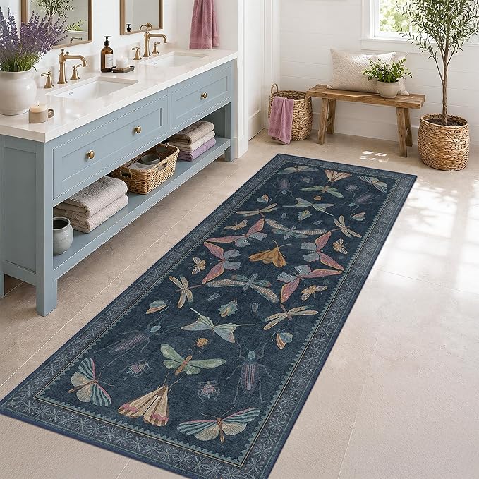 Vintage Navy Blue 2x5 Runner Rug, Washable Insect Carpet by HazoHaus