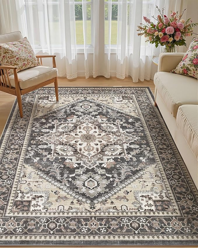 5x8 Vintage Area Rug: Washable Neutral Soft Non Slip Thin Large Floor Carpet by MICGEEK